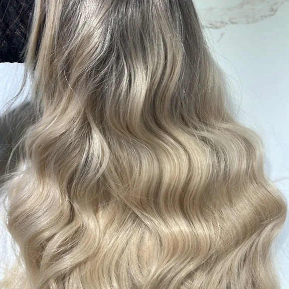 HAIR, 16” Wavy, Center Part, Curtain Bangs, with Eyelashes Ombre to Blonde - Picture 4 of 12